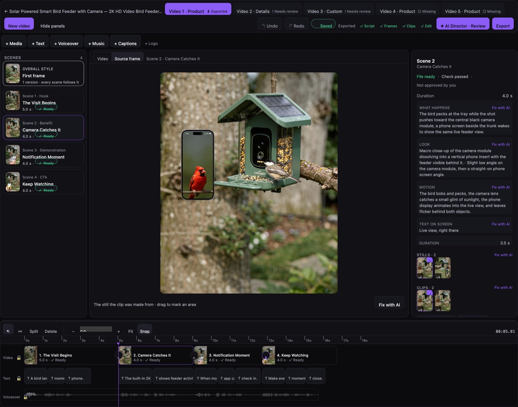 A finished video in Creative Lab: four scenes on the left, the product in the frame on the stage, and the timeline with video, captions and voiceover rows below