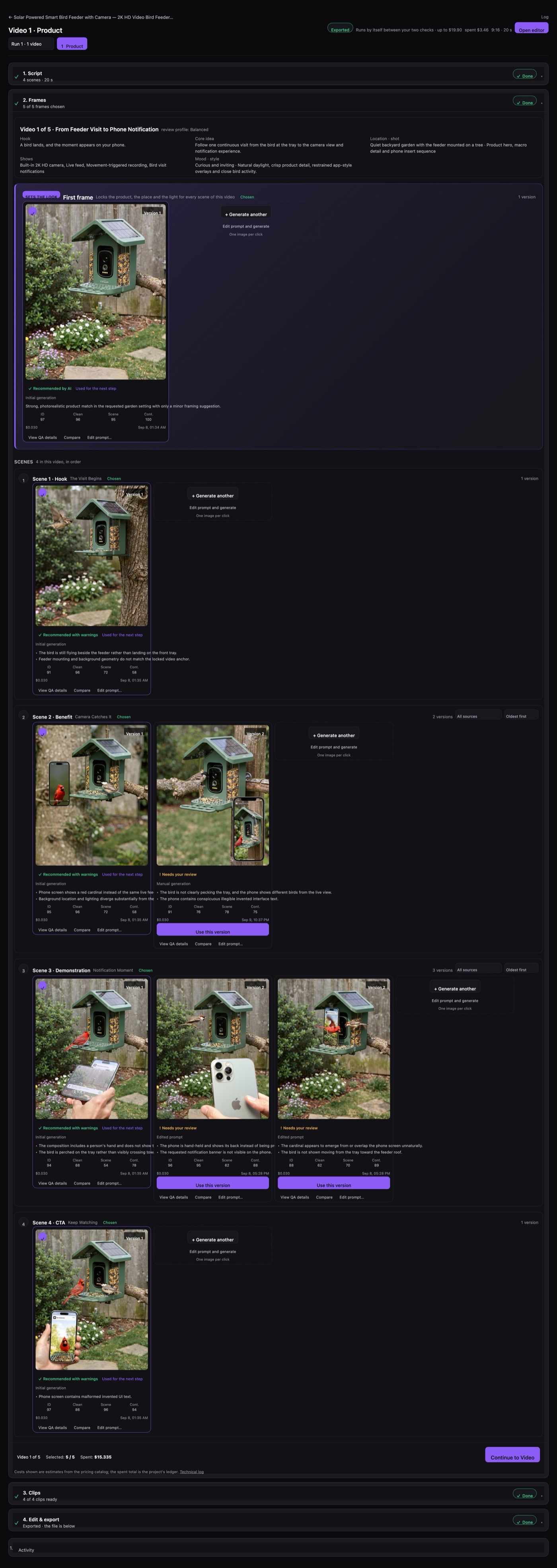 The scenes page: the first frame that sets the look, then one picture per scene with alternatives beside it