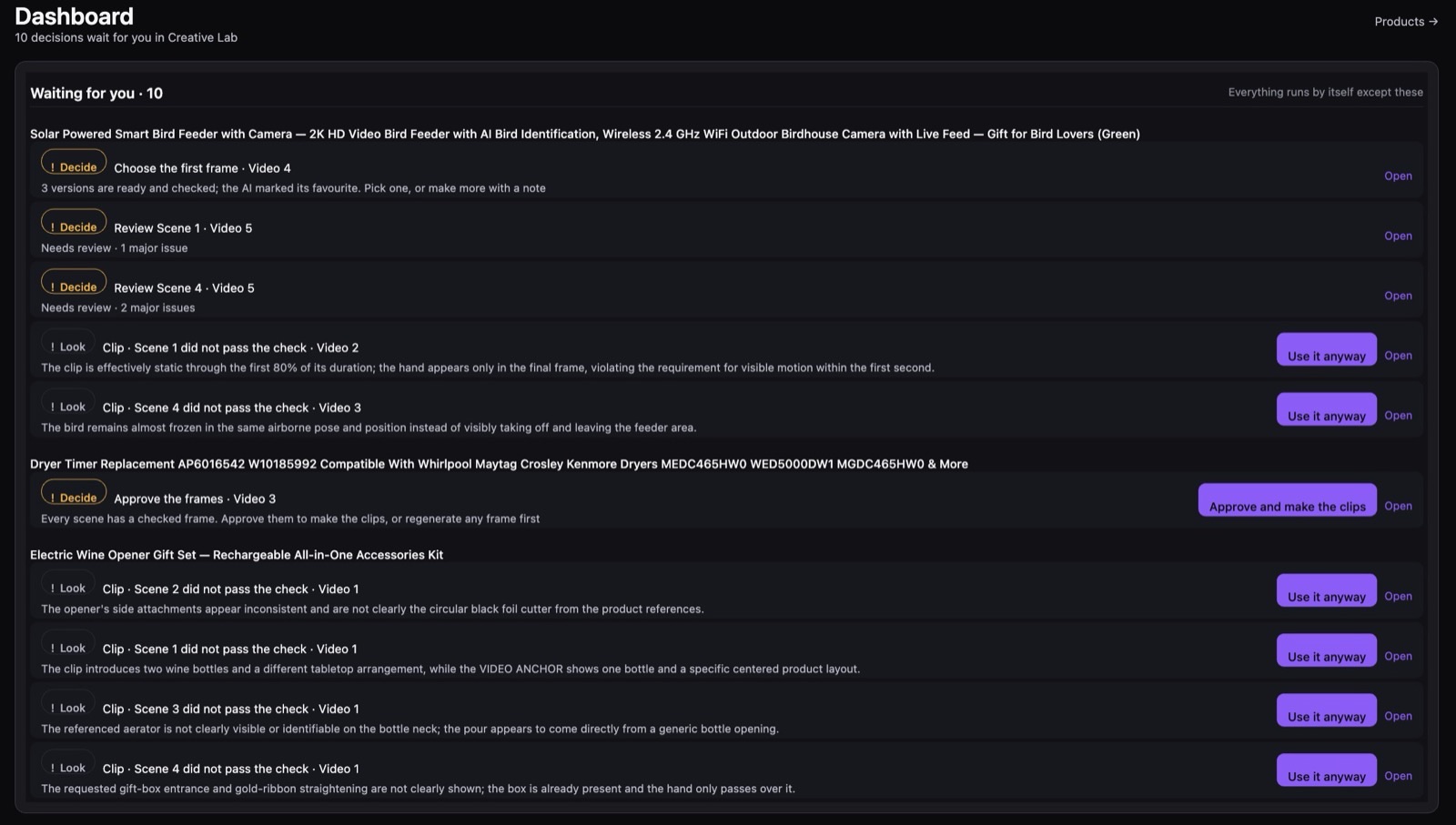 The dashboard lists every decision that waits across products: choose the look, approve the scenes, keep or redo a clip, with a button on each row